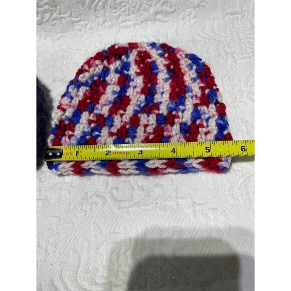 Handmade Crochet Baby Beanie Set - Purple & Red/White/Blue - Picture 4 of 5
